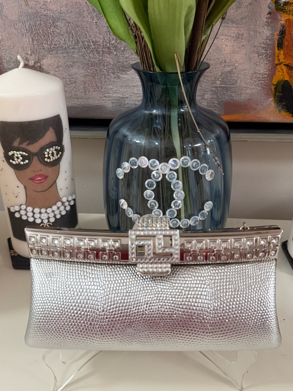 Metallic Silver Clutch Evening Bag Clasp Chain Handle